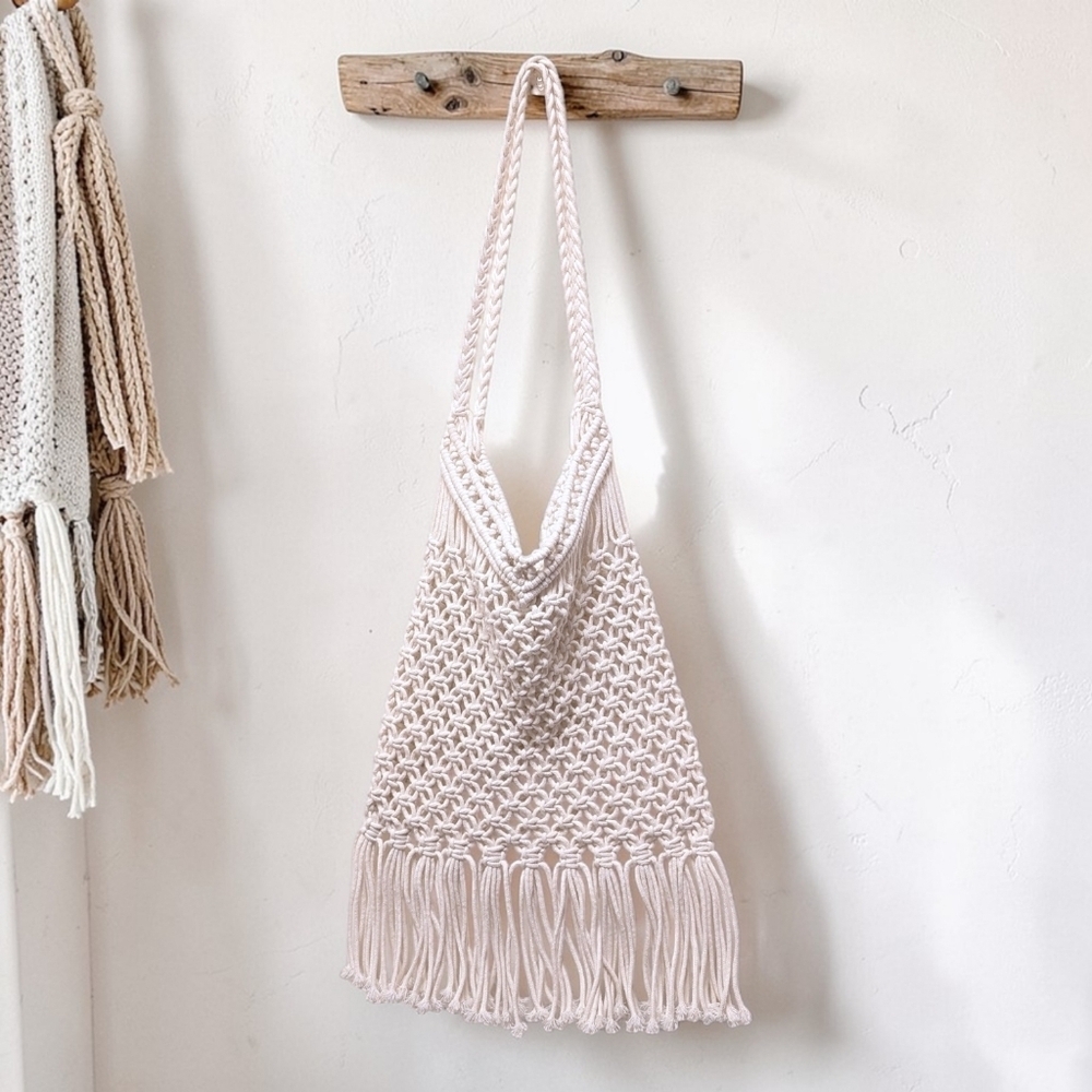 Bohemian Macrame Fringe Shoulder Bag White Cream